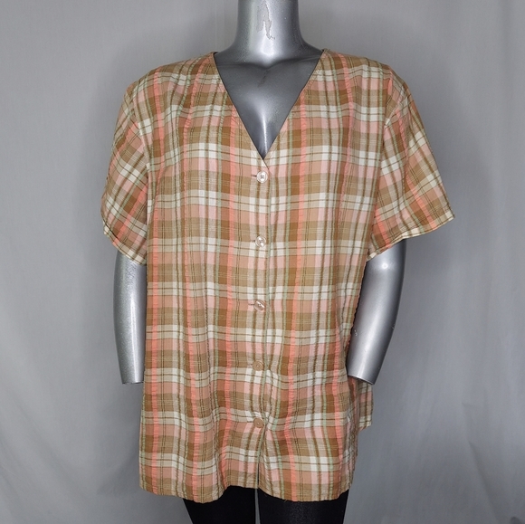 Mainstreet Blues Button Top 4X Coral Plaid Cotton Seersucker V-Neck Short Sleeve - Picture 1 of 4